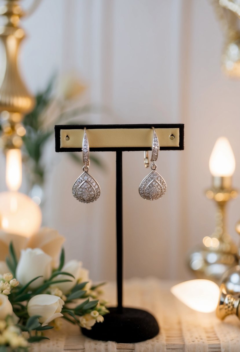 A delicate pair of dainty huggie earrings adorned with intricate details, hanging from a display stand, surrounded by soft lighting and elegant decor