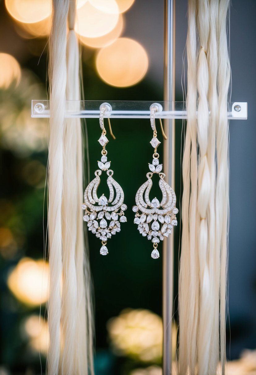 Elaborate white gold dangle earrings hanging from a display, surrounded by long, flowing strands of hair, with a soft, romantic wedding ambiance