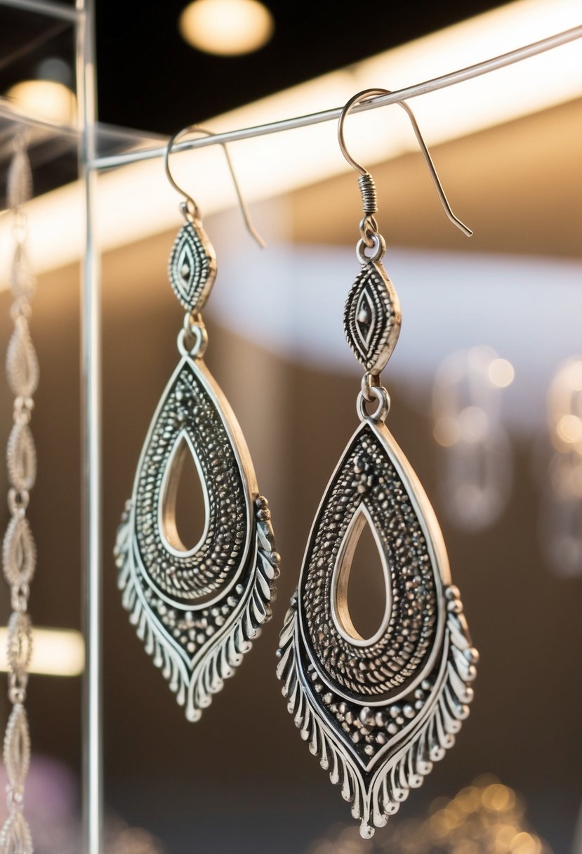 A pair of intricate, artisan-made statement earrings dangle elegantly from a display, catching the light and showcasing their intricate design