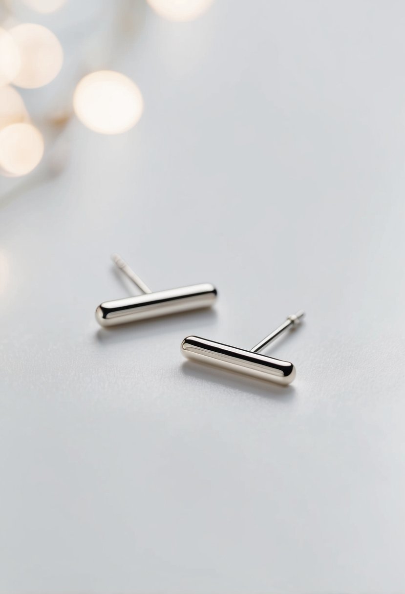 Two sleek, silver bar earrings against a white background