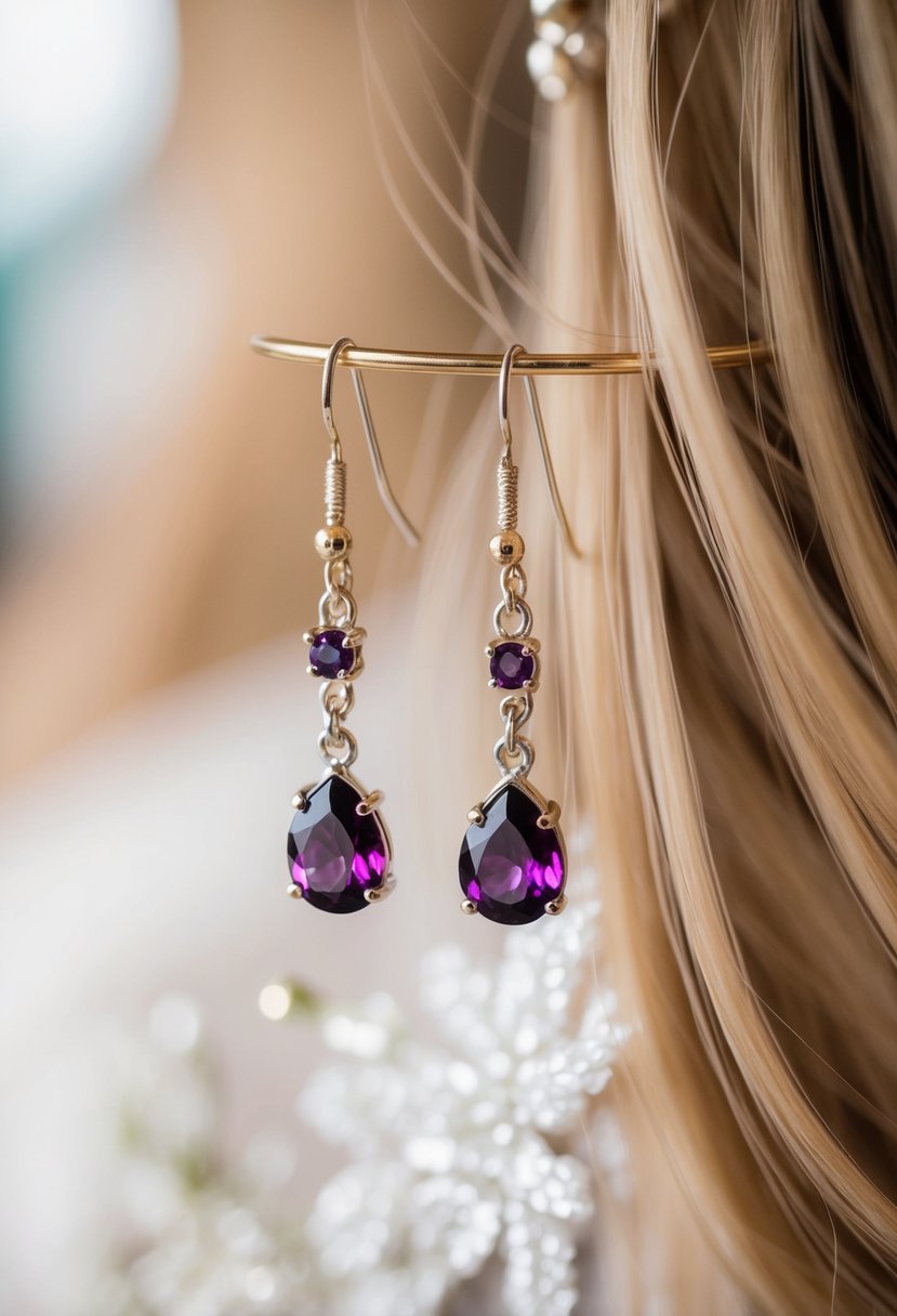 A pair of birthstone earrings dangle from a delicate display, surrounded by soft, flowing strands of long hair. The earrings catch the light, adding a personal touch to a wedding ensemble