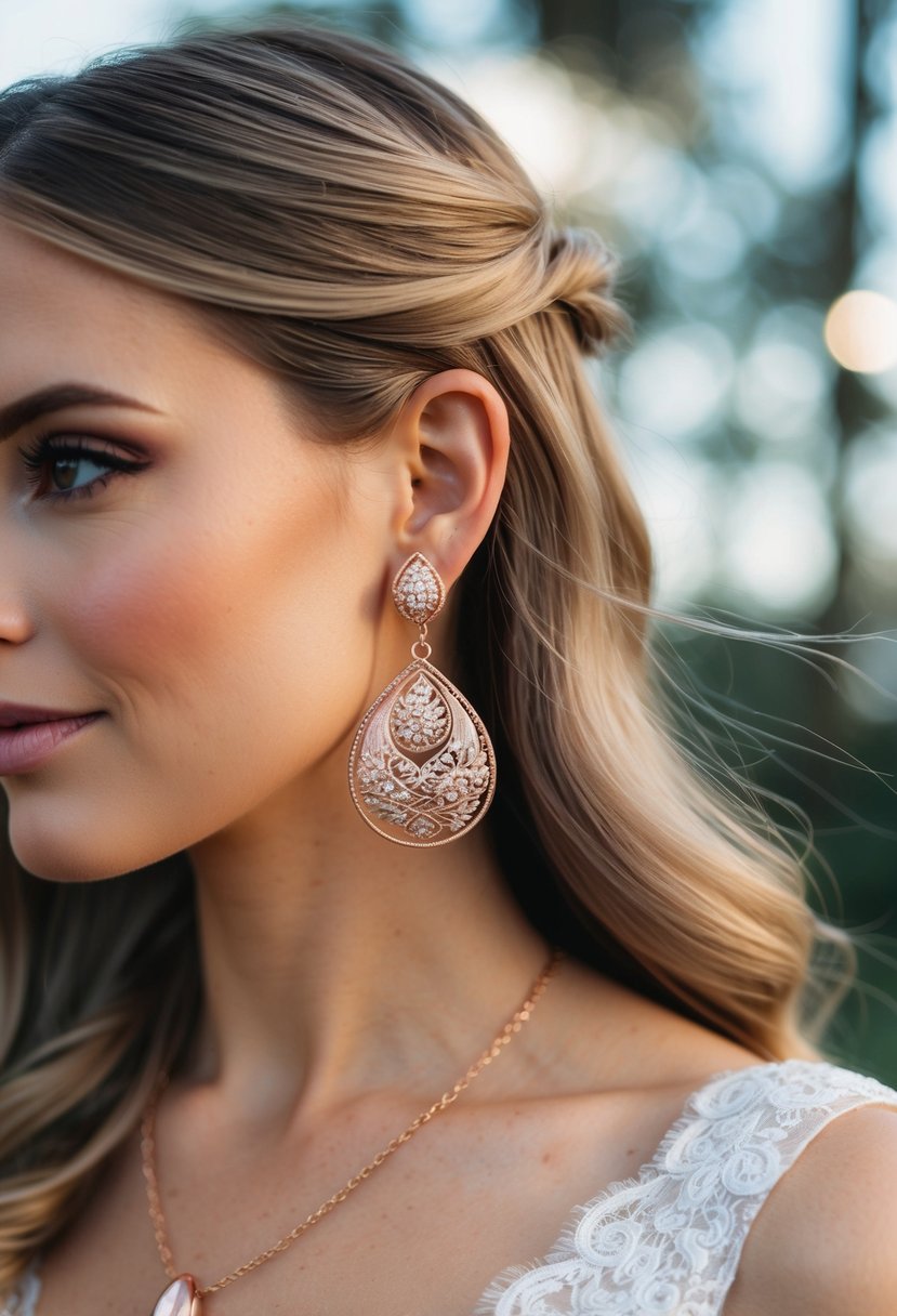 Long, flowing hair frames a pair of elegant rose gold swing earrings, perfect for a wedding ensemble