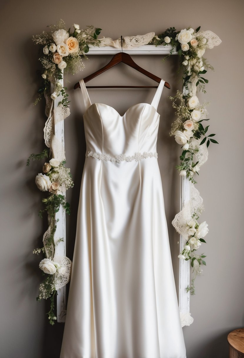 A satin wedding dress hanging on a vintage wooden hanger, surrounded by delicate lace and floral details