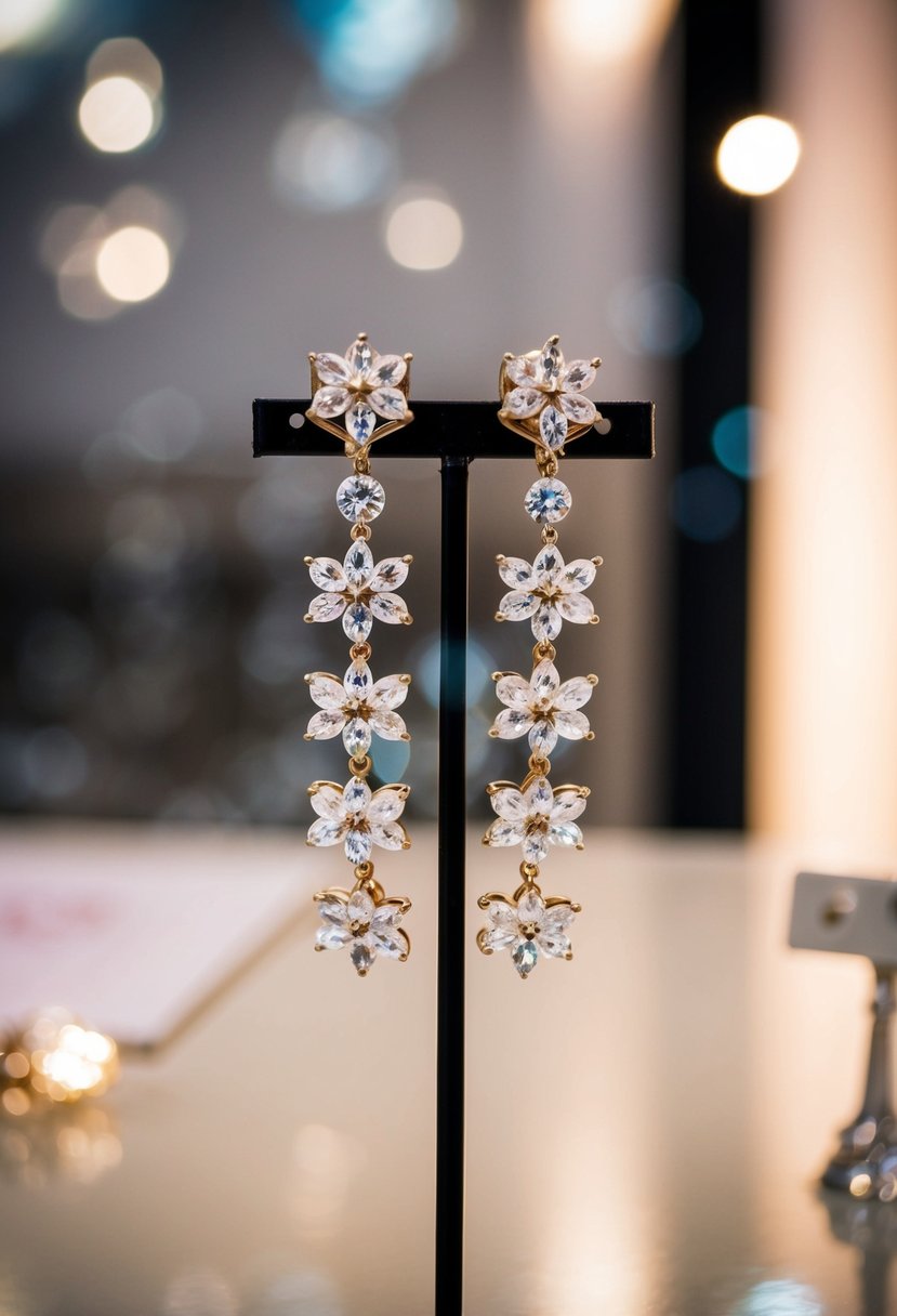 A pair of crystal cluster earrings dangle from a display stand, catching the light and adding sparkle to the scene