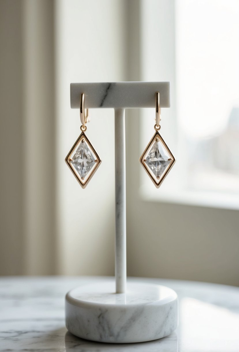 A sleek, minimalist pair of geometric diamond earrings hanging from a marble jewelry stand with soft, natural lighting