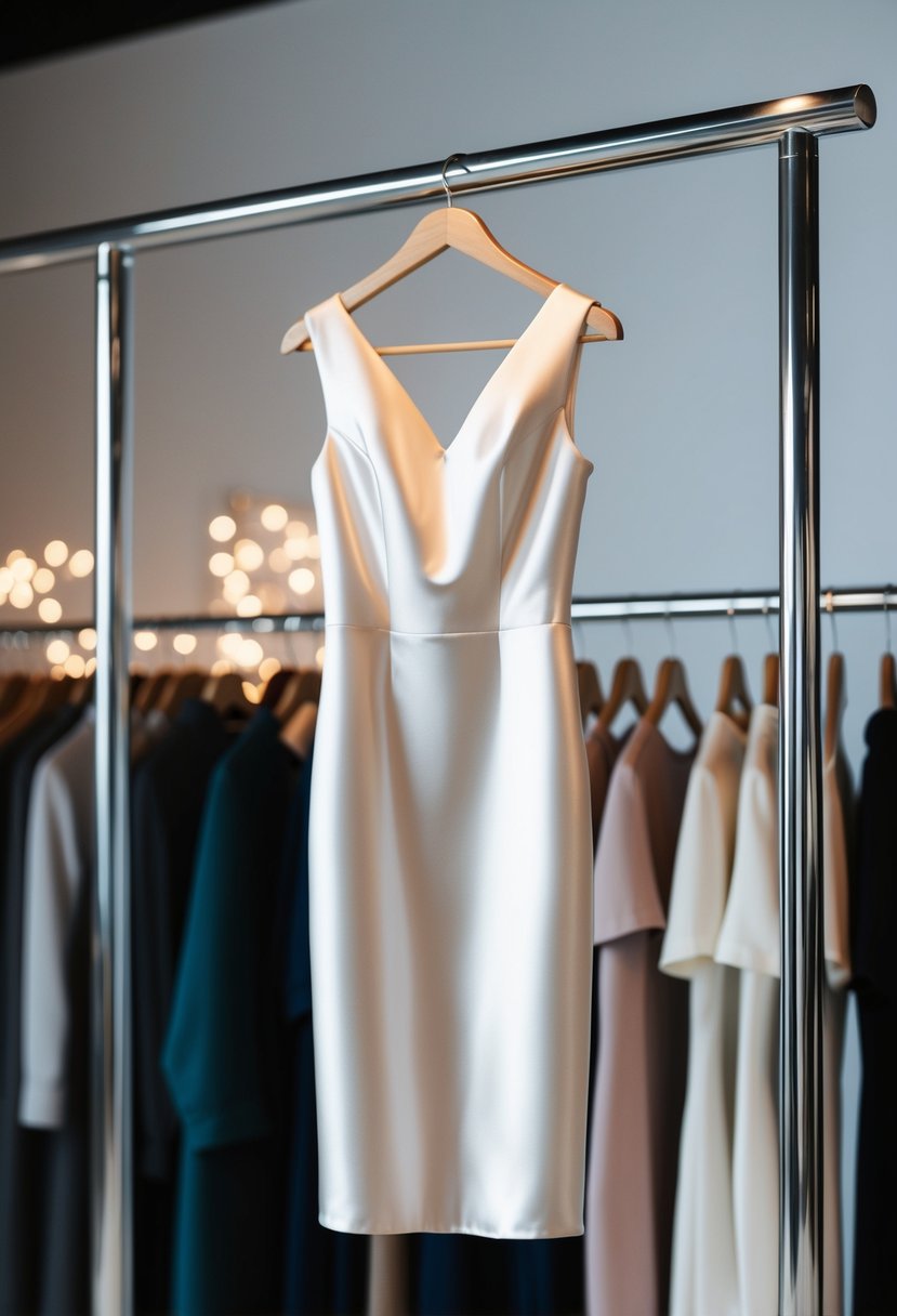 A simple satin sheath dress hanging on a sleek, modern clothing rack