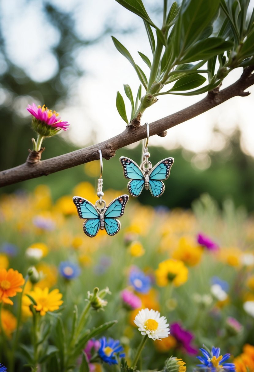 A pair of delicate butterfly studs dangle from a tree branch, surrounded by colorful wildflowers, adding a whimsical touch to the serene wedding setting