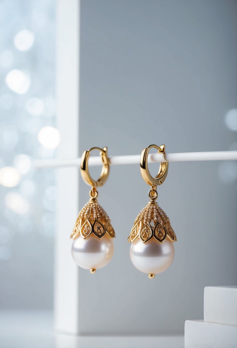 A pair of pearl drop earrings with intricate gold detailing, set against a clean, modern backdrop with soft lighting