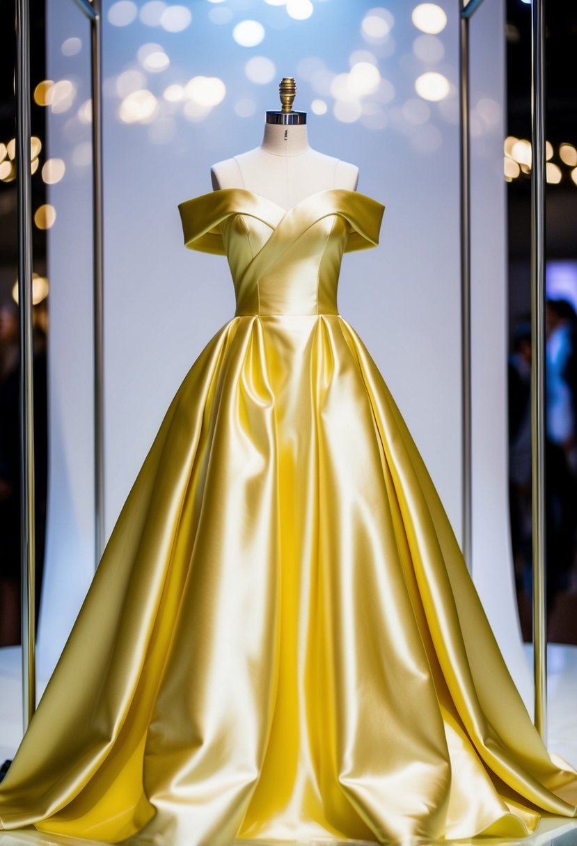 A radiant off-shoulder satin ball gown draped over a mannequin on a sleek display stand