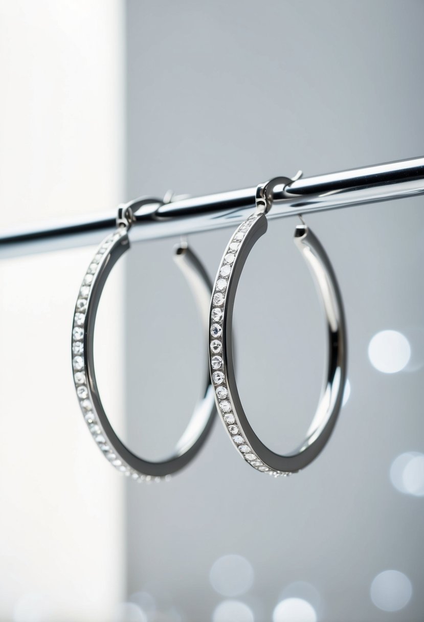 A pair of sleek silver hoops with delicate crystal accents against a clean, modern backdrop