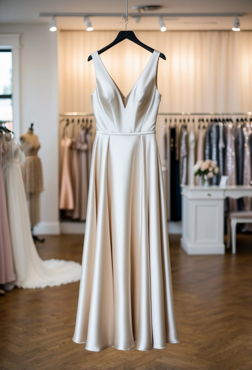 A flowing V-neck satin A-line dress hanging on a mannequin in a softly lit bridal boutique