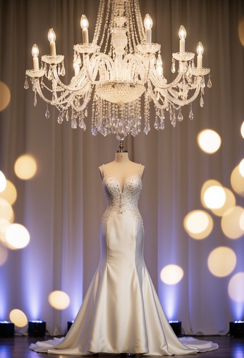 A sparkling chandelier illuminates a Mikado Satin Fit and Flare wedding dress on a mannequin, surrounded by soft, romantic lighting