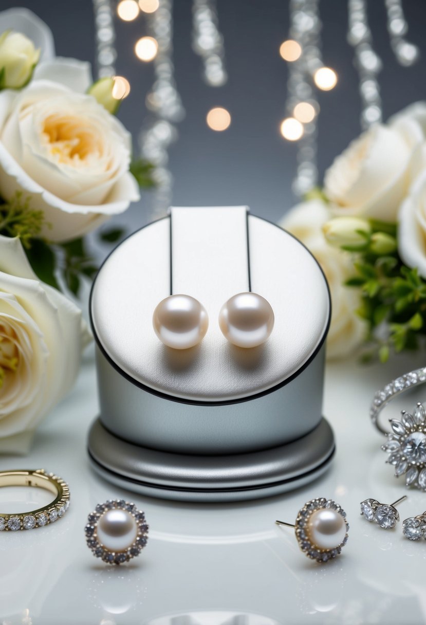 A pair of timeless pearl studs showcased on a sleek, modern display, surrounded by elegant wedding accessories