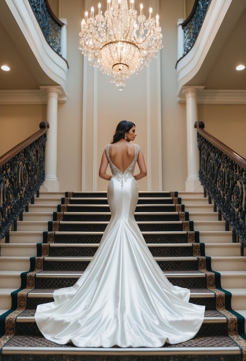 A shimmering satin mermaid gown cascading down a grand staircase