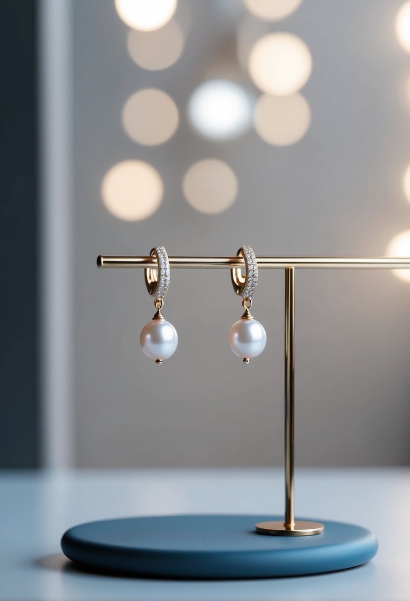 A pair of elegant drop earrings with a single pearl, displayed on a sleek, modern surface with soft, diffused lighting