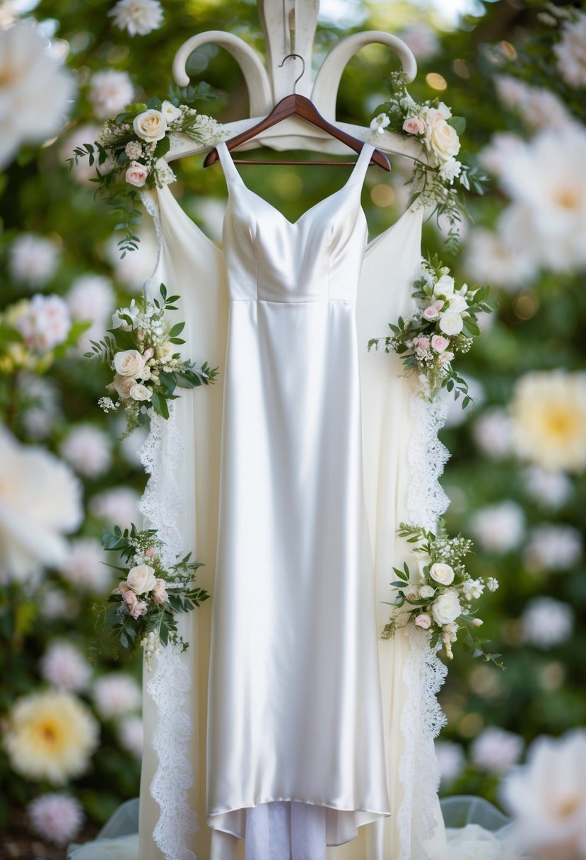 A satin slip wedding dress draped over a hanger, surrounded by delicate lace and floral accents