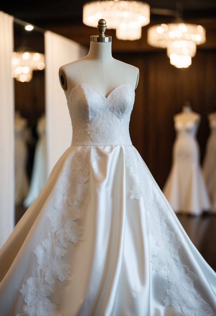 A satin and lace wedding dress draped over a mannequin