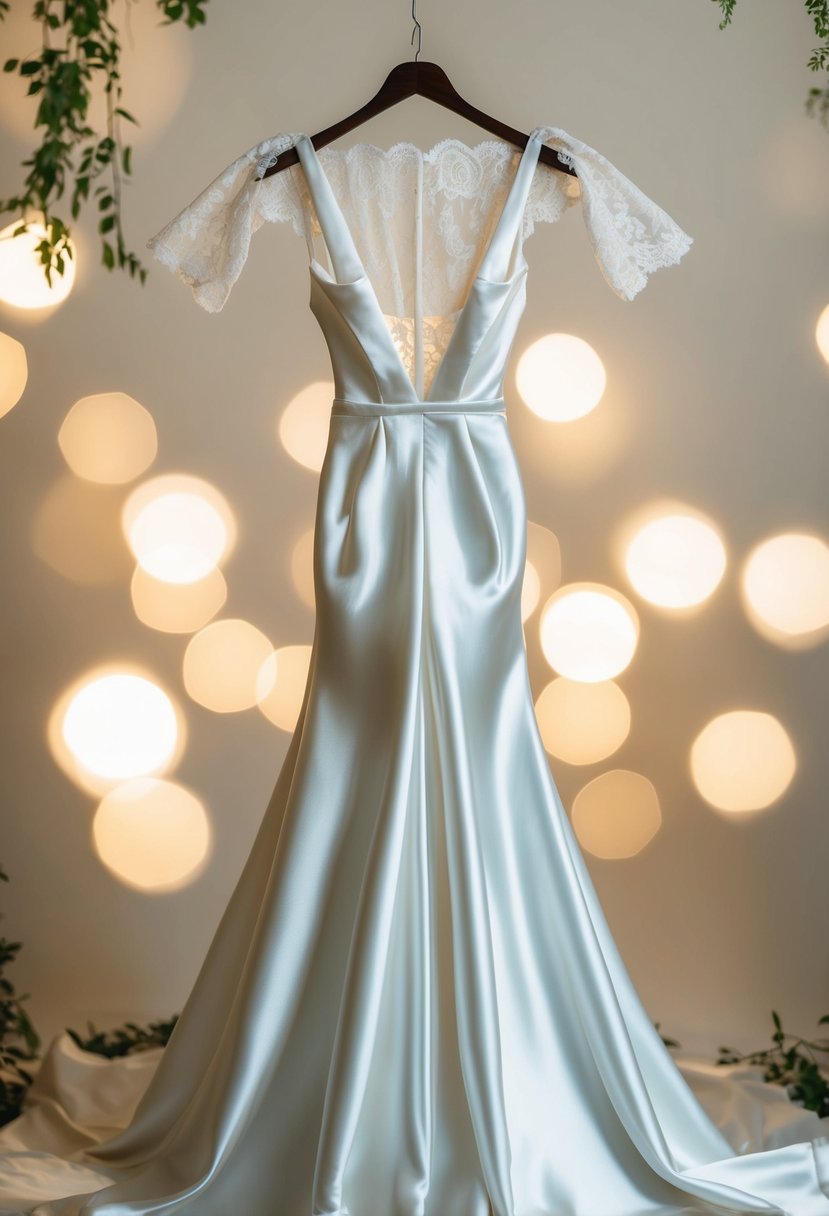 A flowing backless satin gown draped over a hanger, surrounded by soft lighting and delicate lace details