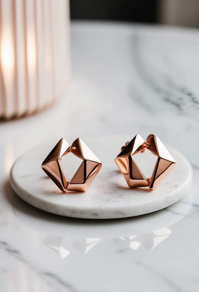 Two chic rose gold geometric-shaped earrings displayed on a modern white marble surface