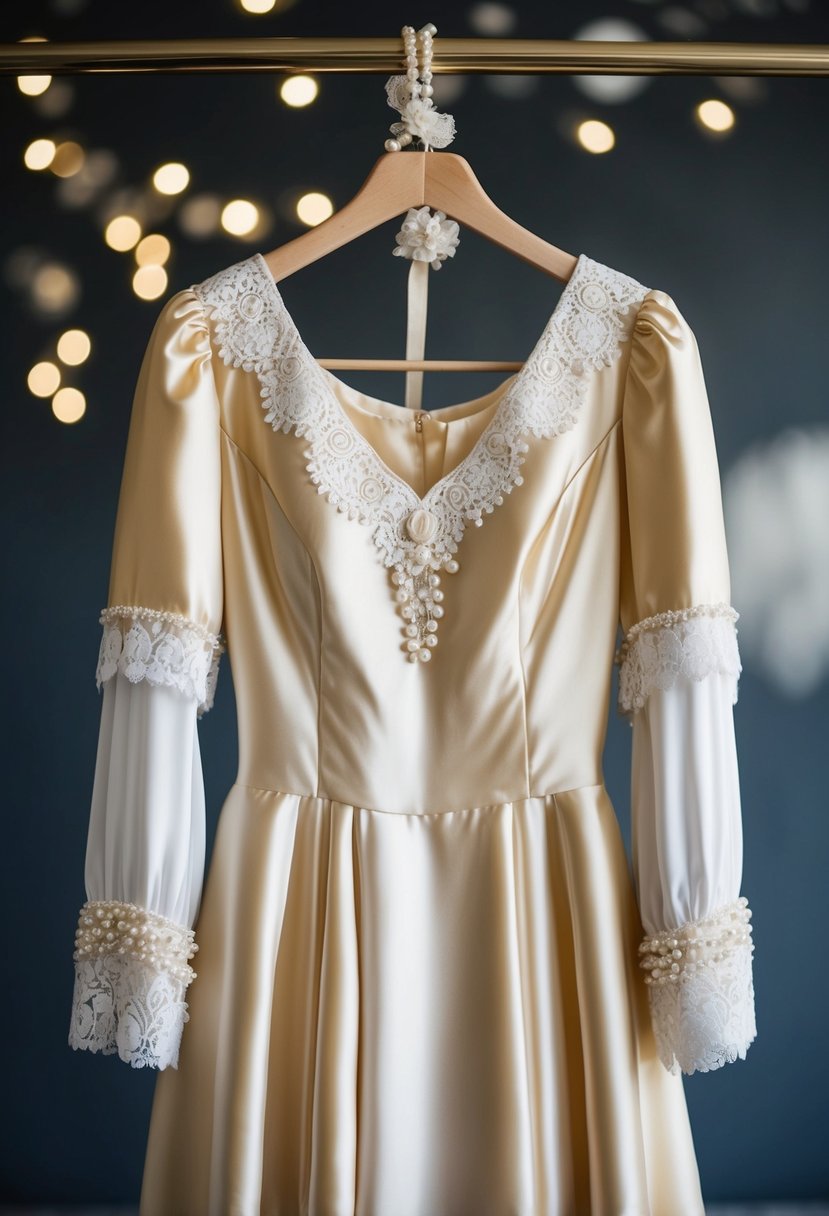 A satin dress with bishop sleeves hangs on a vintage-inspired dress form, accented with delicate lace and pearl details