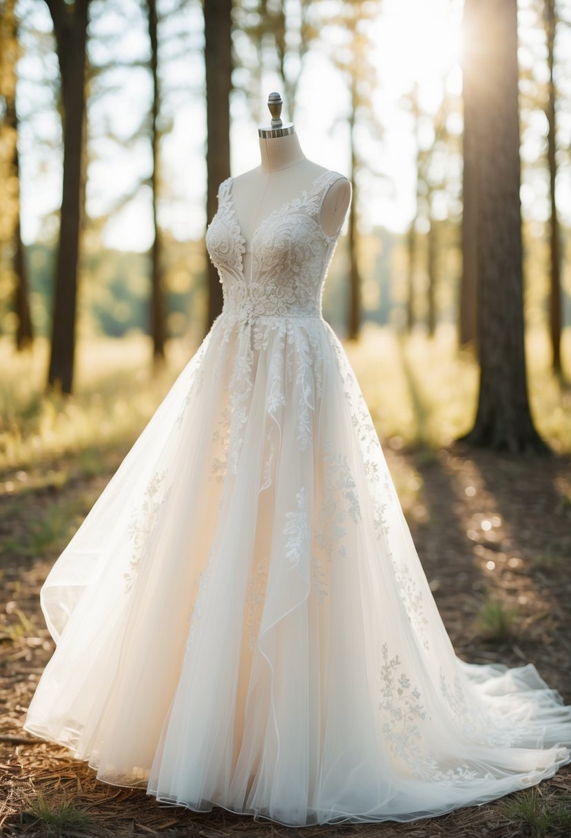 A flowing, delicate wedding dress adorned with shimmering lace and ethereal tulle, set against a backdrop of a sunlit forest clearing