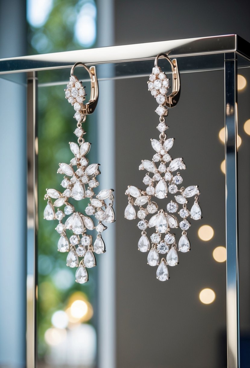 Sparkling chandelier earrings with cubic zirconia hanging from a sleek display, catching the light in a modern wedding setting