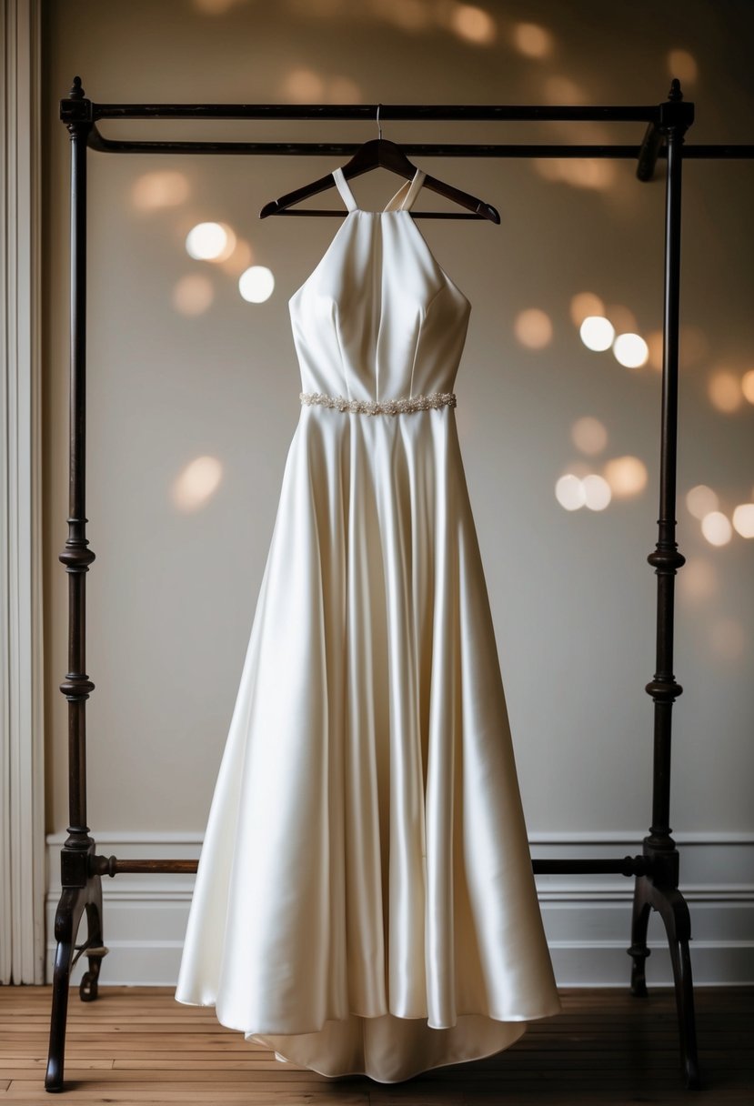 A flowing satin halter bridal dress hanging on a vintage-inspired coat rack