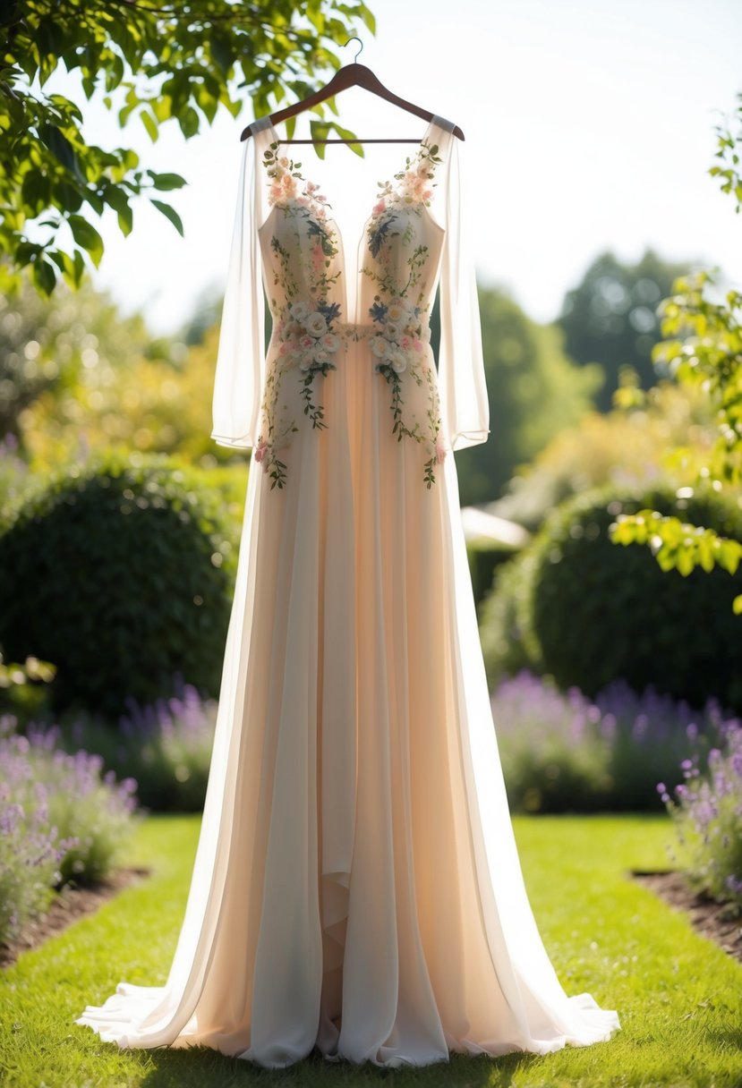 A flowy chiffon gown adorned with delicate floral appliqués floats in a sun-dappled garden