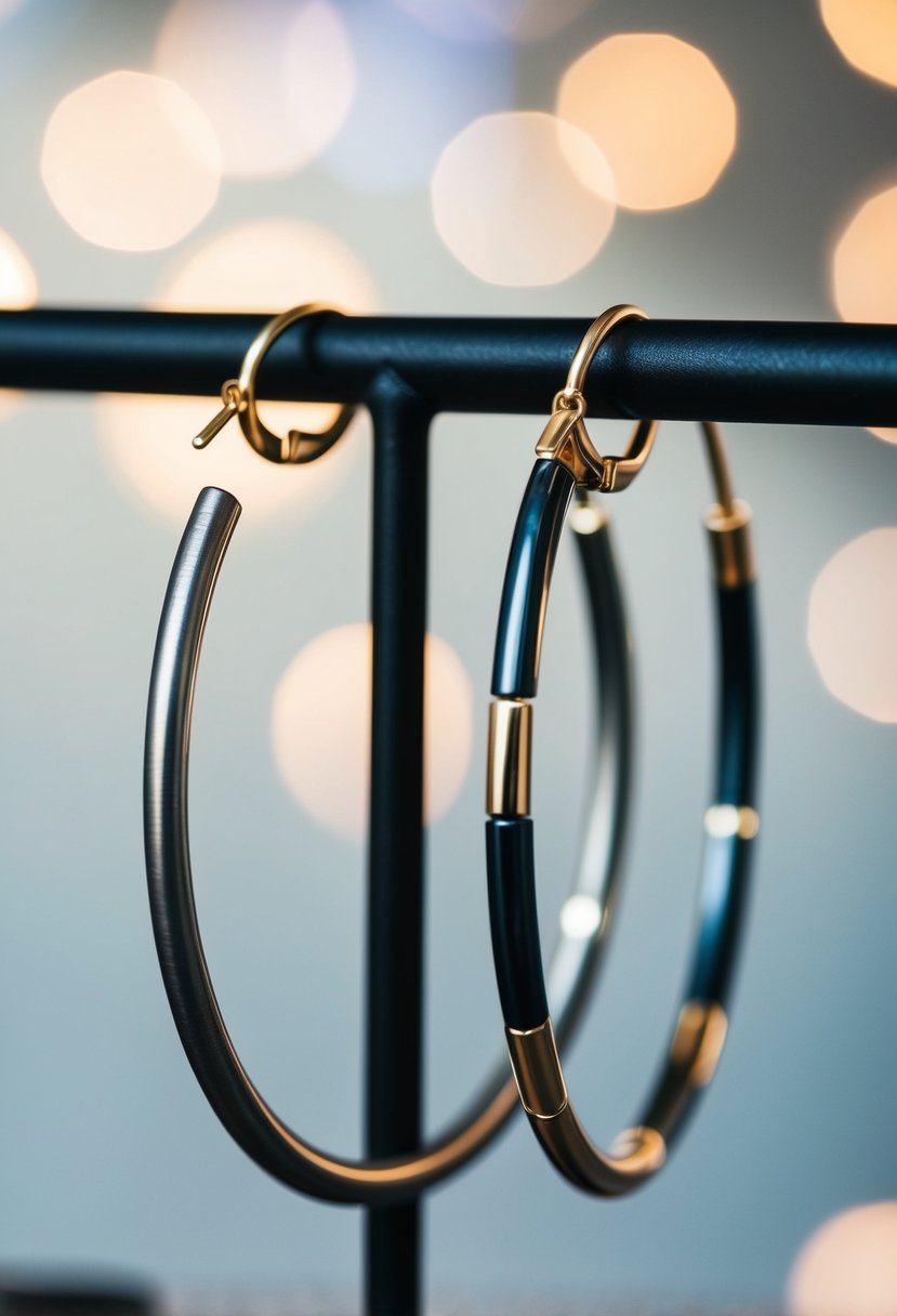 A pair of contemporary hoop earrings made of mixed metals, featuring sleek and modern design elements