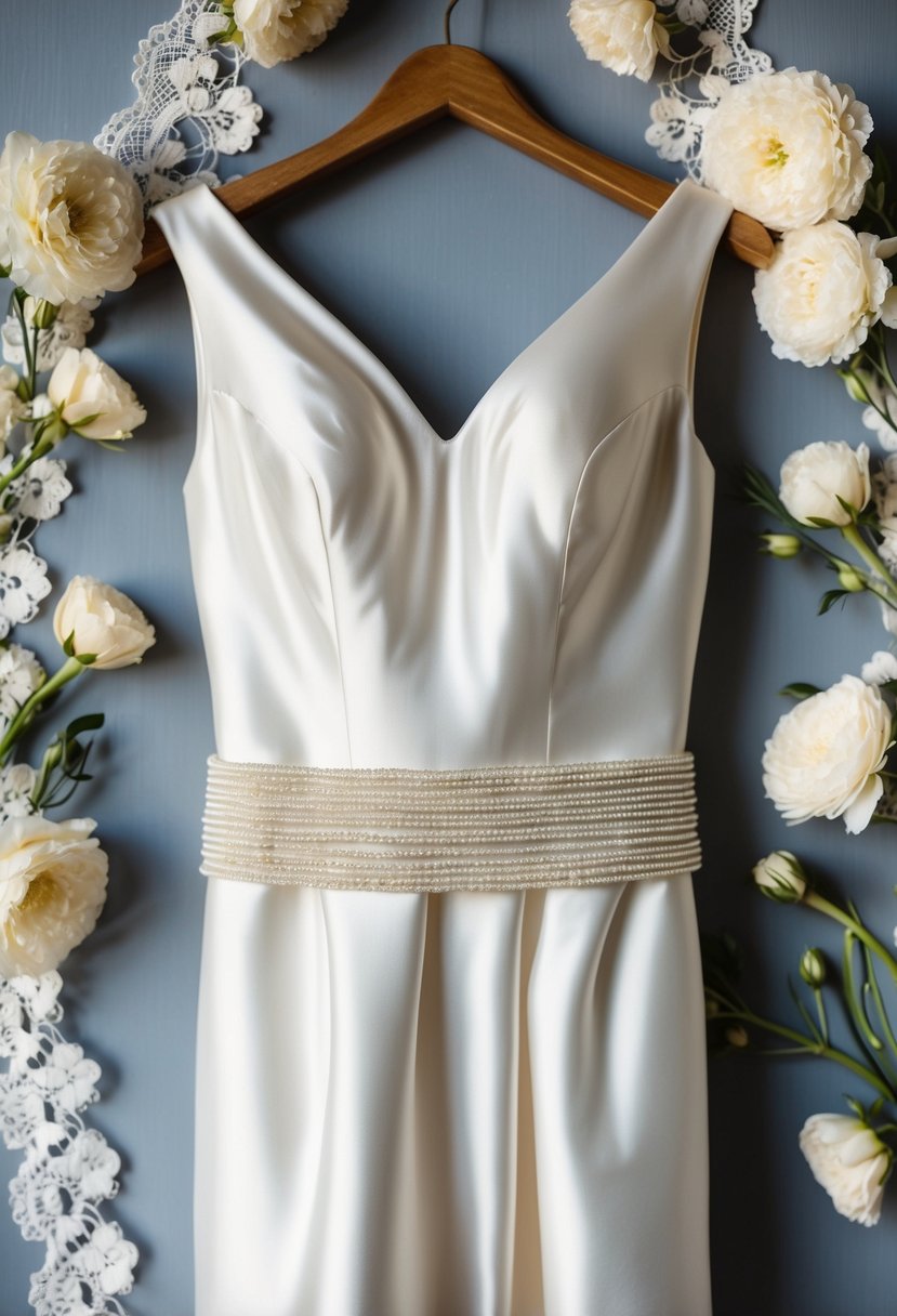 A satin wedding dress with a beaded belt hangs on a vintage wooden hanger, surrounded by delicate lace and floral accents