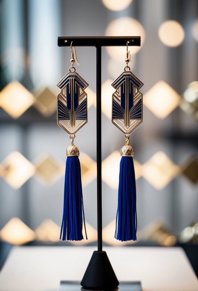 A pair of Art Deco-inspired tassel earrings hanging from a sleek display stand, with geometric patterns and metallic accents