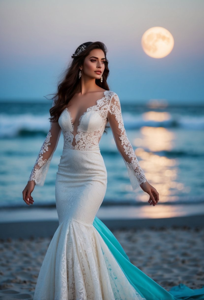 A lace mermaid dress with long sleeves flows gracefully on a moonlit beach