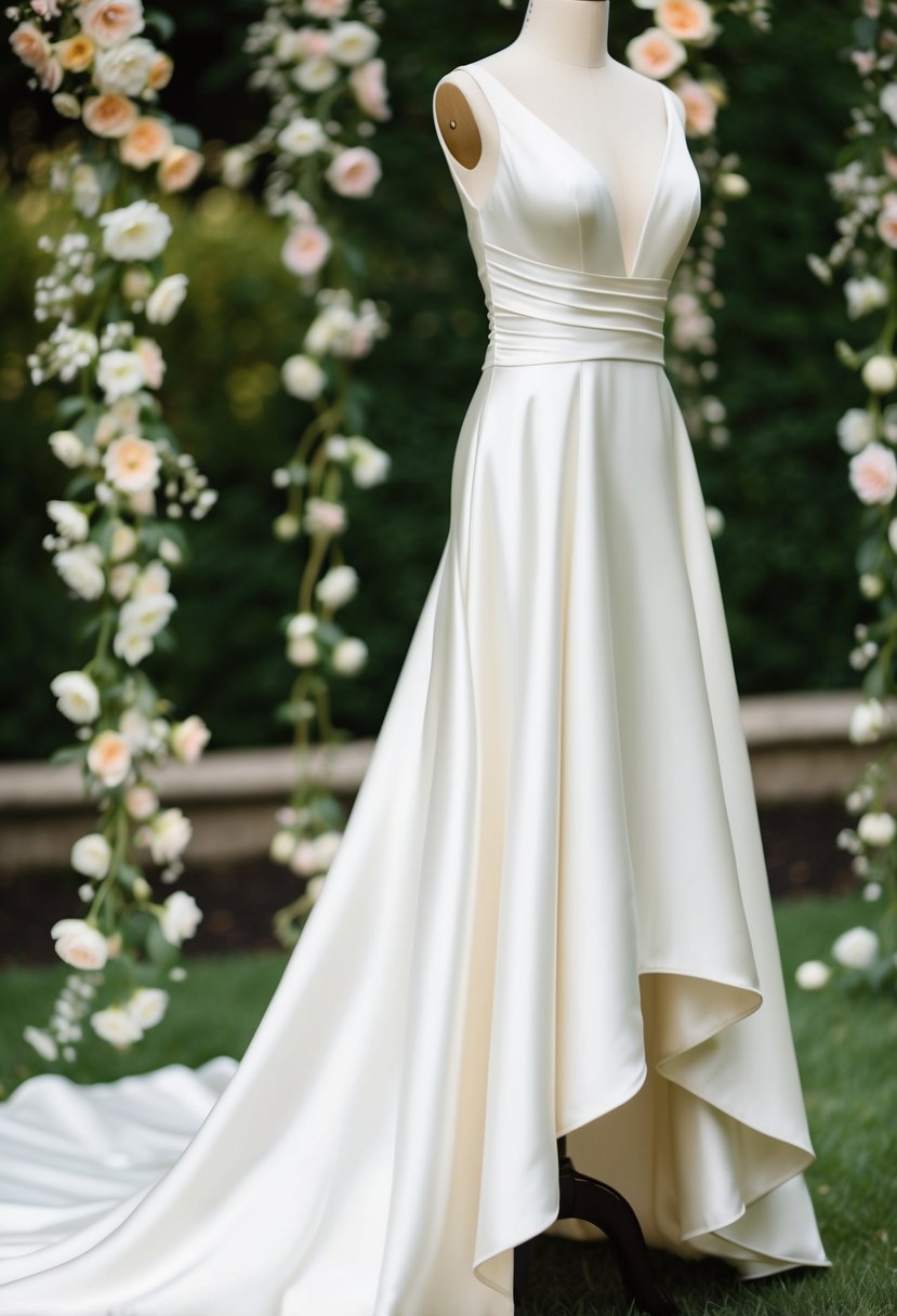 A flowing satin wedding dress with a high-low hem, delicate draping, and a subtle sheen, set against a romantic garden backdrop with cascading flowers