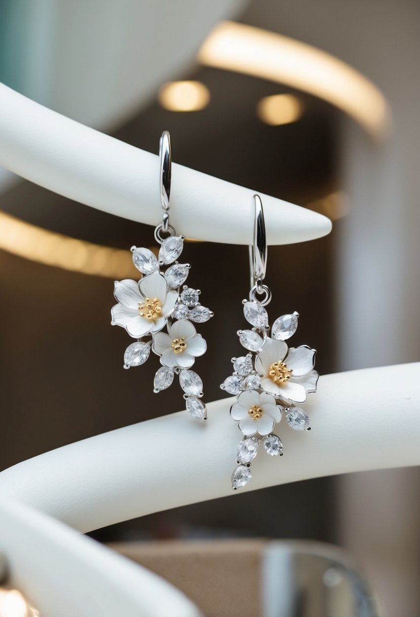 A pair of sleek, silver wedding earrings adorned with intricate floral designs, catching the light in a luxurious, modern setting