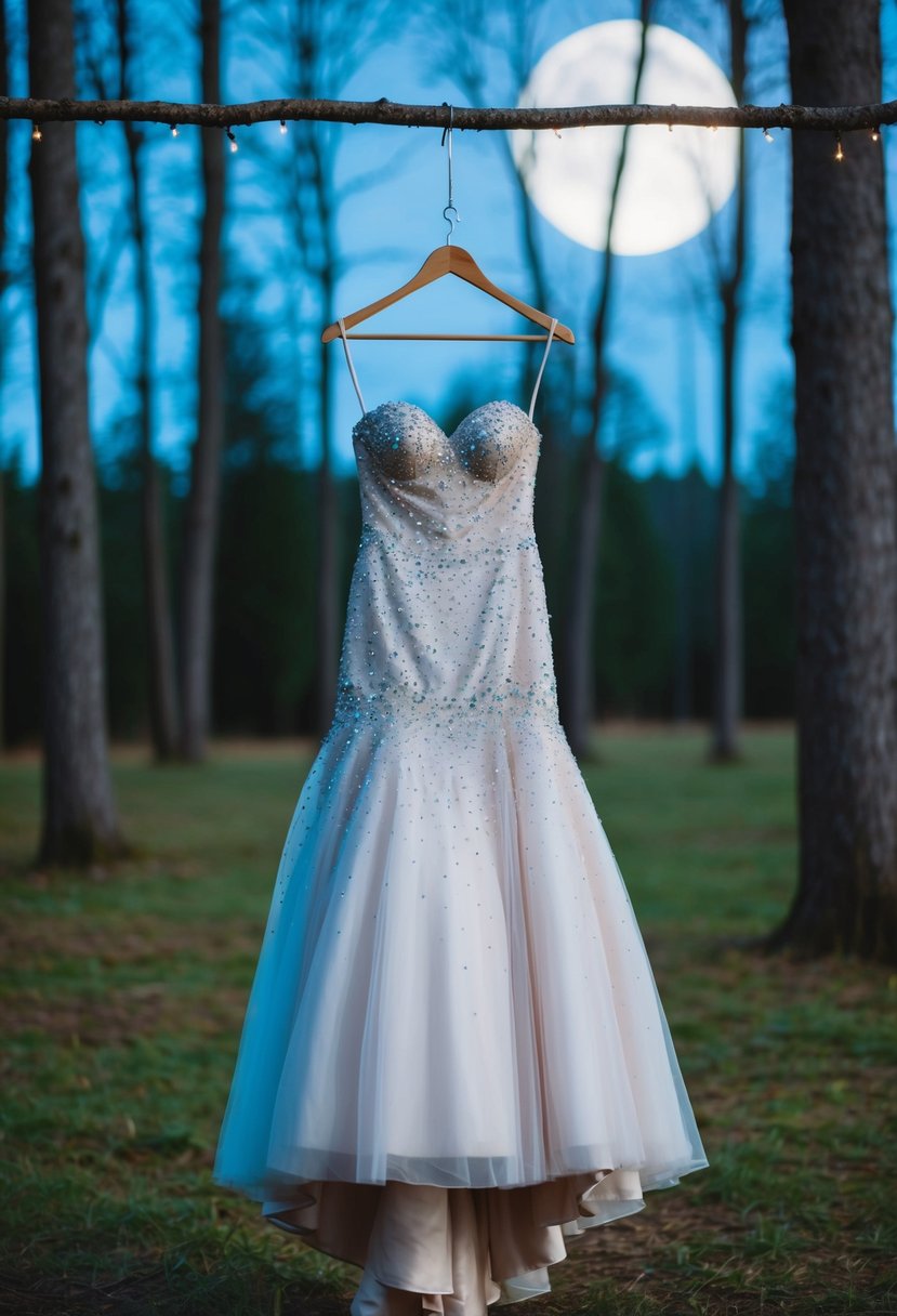 A shimmering ball gown with a beaded bodice hangs on a delicate hanger in a moonlit forest clearing