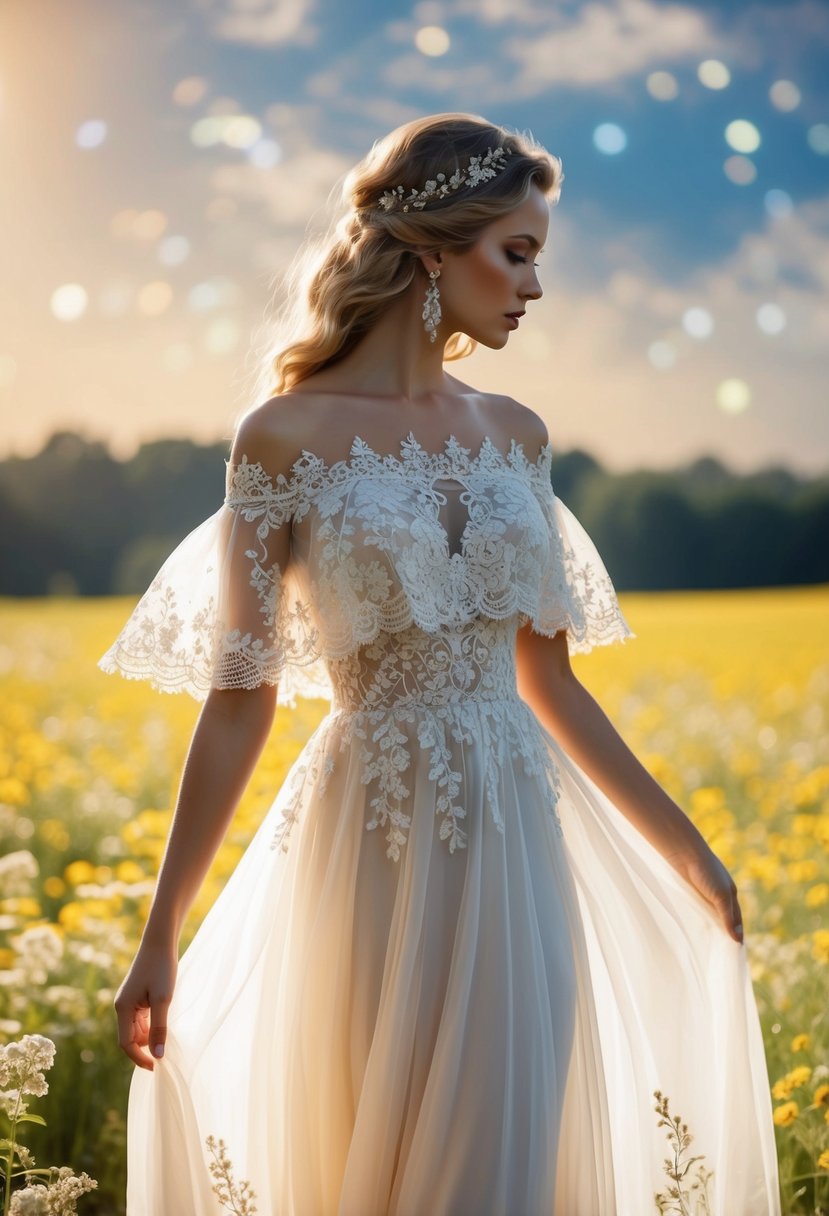 A flowing off-the-shoulder dress adorned with intricate lace and floral details, set against a backdrop of dreamy, sunlit meadow