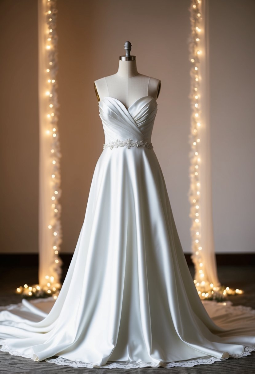 A satin wedding dress with a sweetheart neckline, flowing elegantly on a mannequin, surrounded by soft lighting and delicate lace details