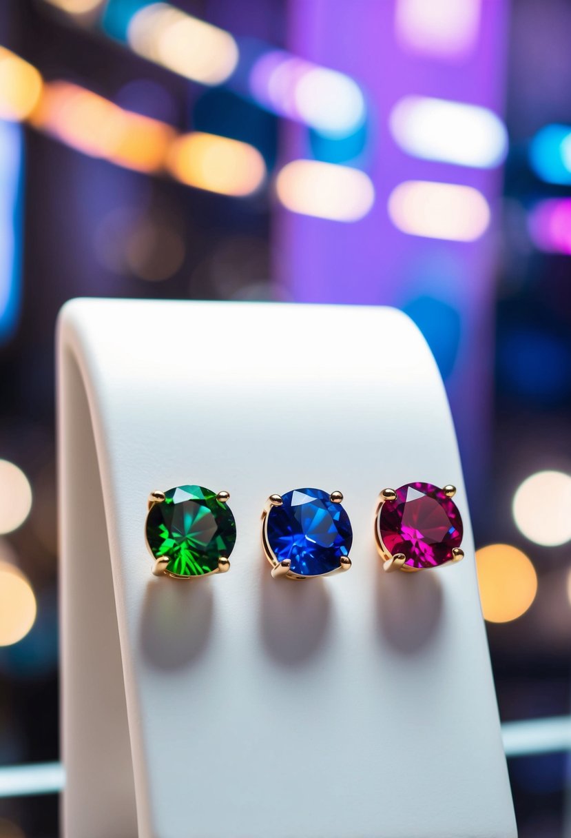 Colorful gemstone earrings on a sleek white display, with vibrant rainbow hues catching the light