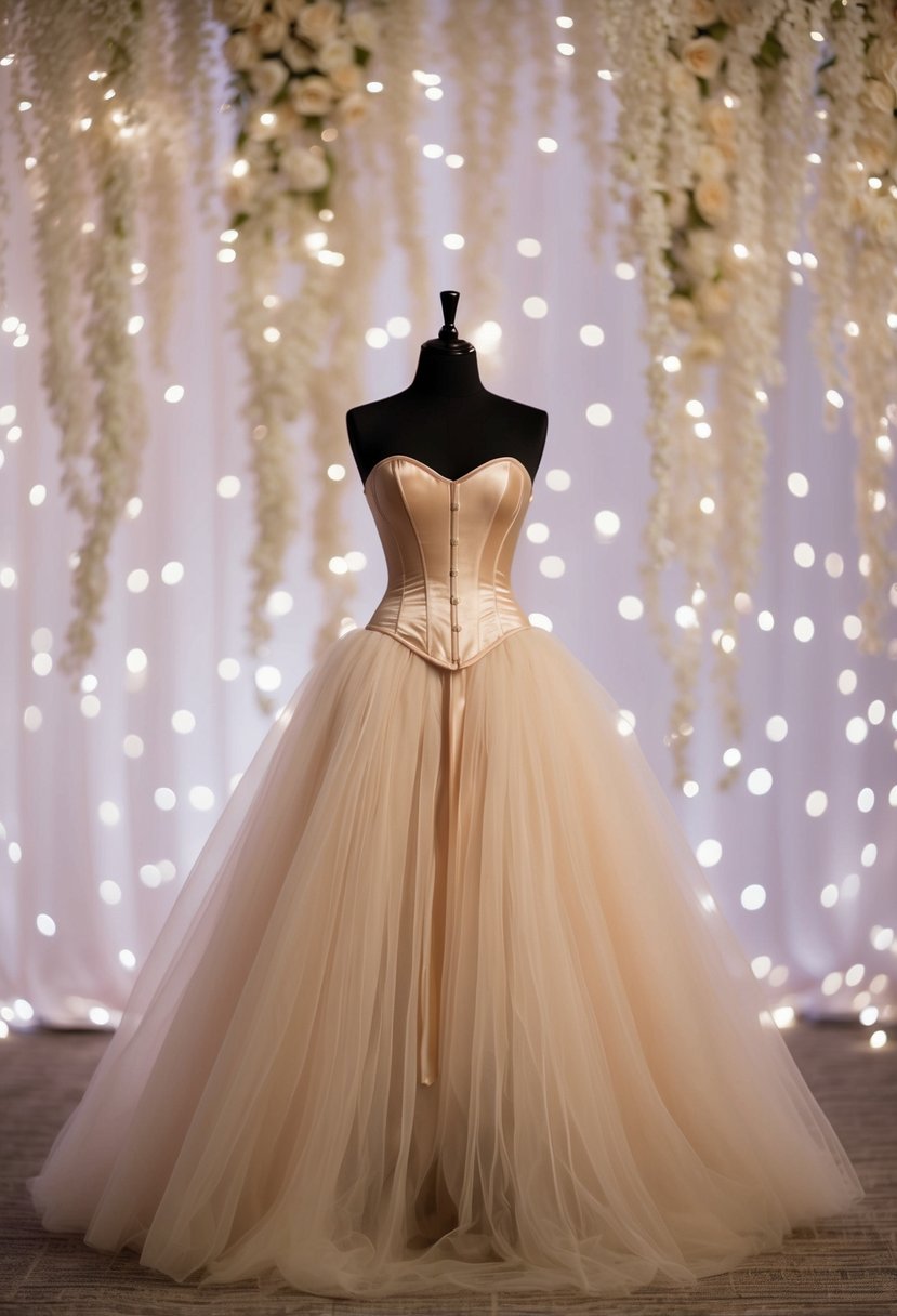 A flowing tulle skirt with a delicate silk corset, set against a dreamy, ethereal backdrop of twinkling lights and soft, cascading flowers