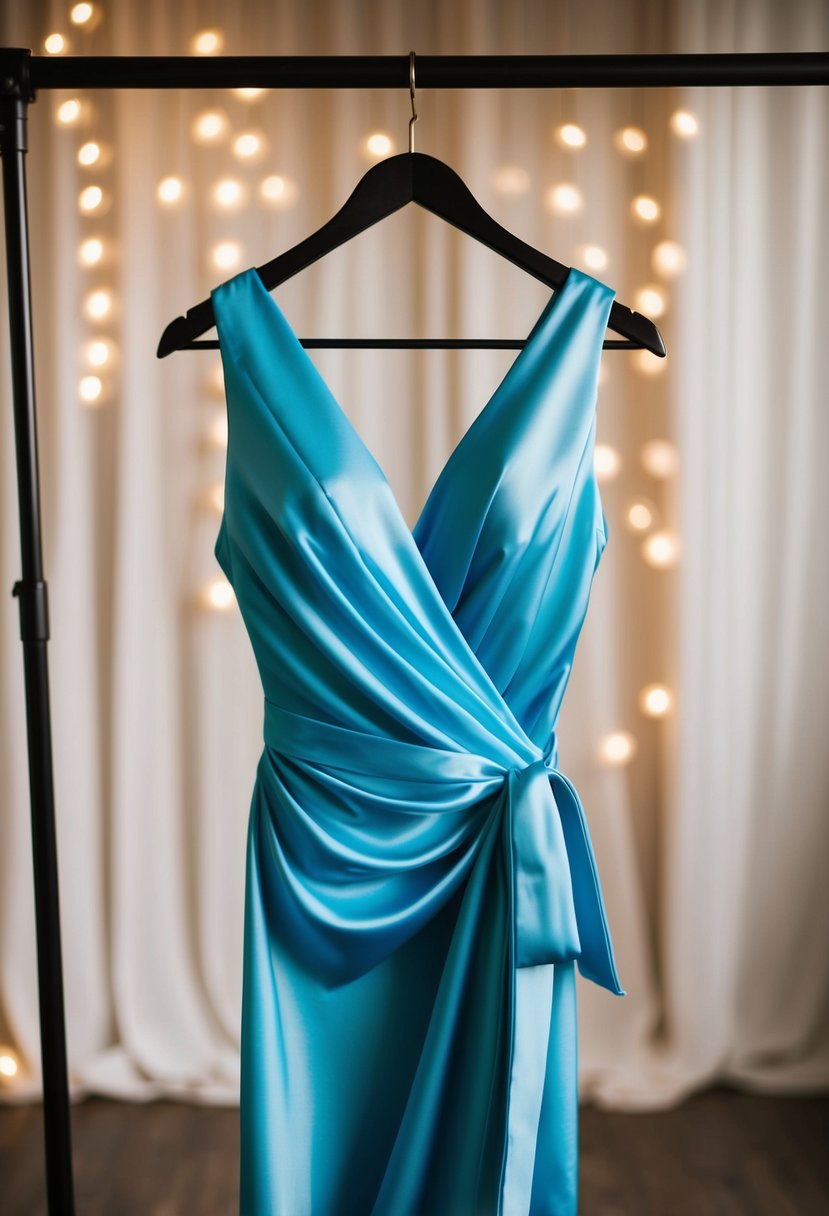 A flowing satin wrap dress in a convertible style, draped over a hanger with soft lighting and a romantic backdrop