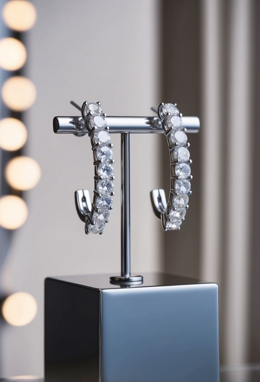 A pair of crystal-encrusted climber earrings displayed on a sleek, minimalist pedestal, with soft lighting highlighting their elegant and modern design