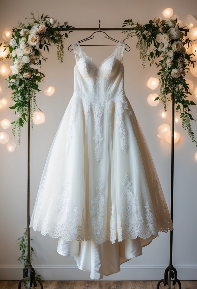 A vintage-inspired wedding dress with delicate lace overlays hangs on a wrought-iron dress form, surrounded by soft, ethereal lighting and floral accents