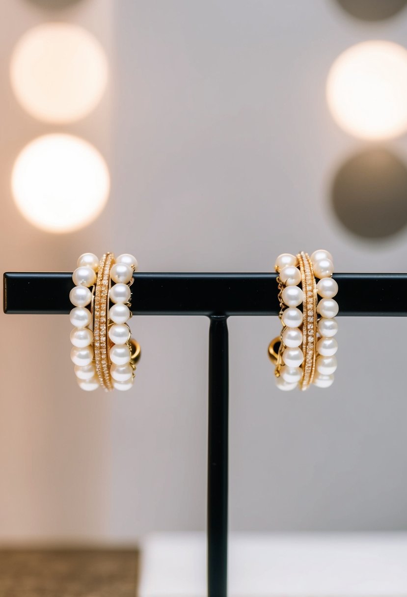 Two elegant bar earrings with delicate pearl details, displayed against a modern backdrop with soft lighting