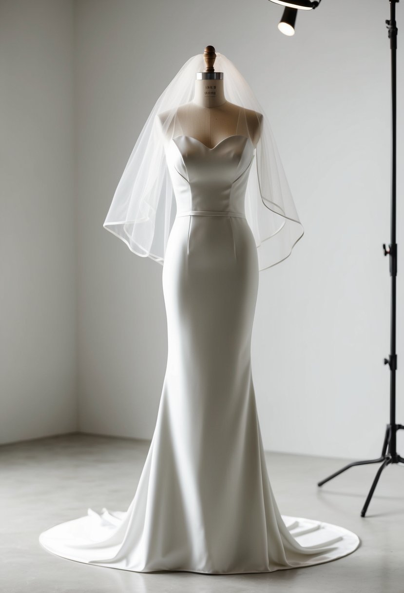 A sleek satin sheath dress with a flowing ethereal veil, set against a minimalist backdrop with soft lighting