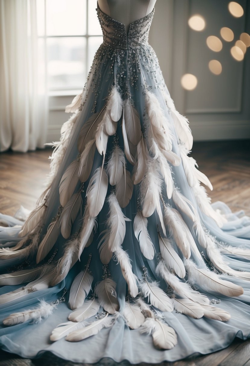 A flowing gown with intricate feather embellishments cascading down the skirt, creating a dreamy and ethereal effect