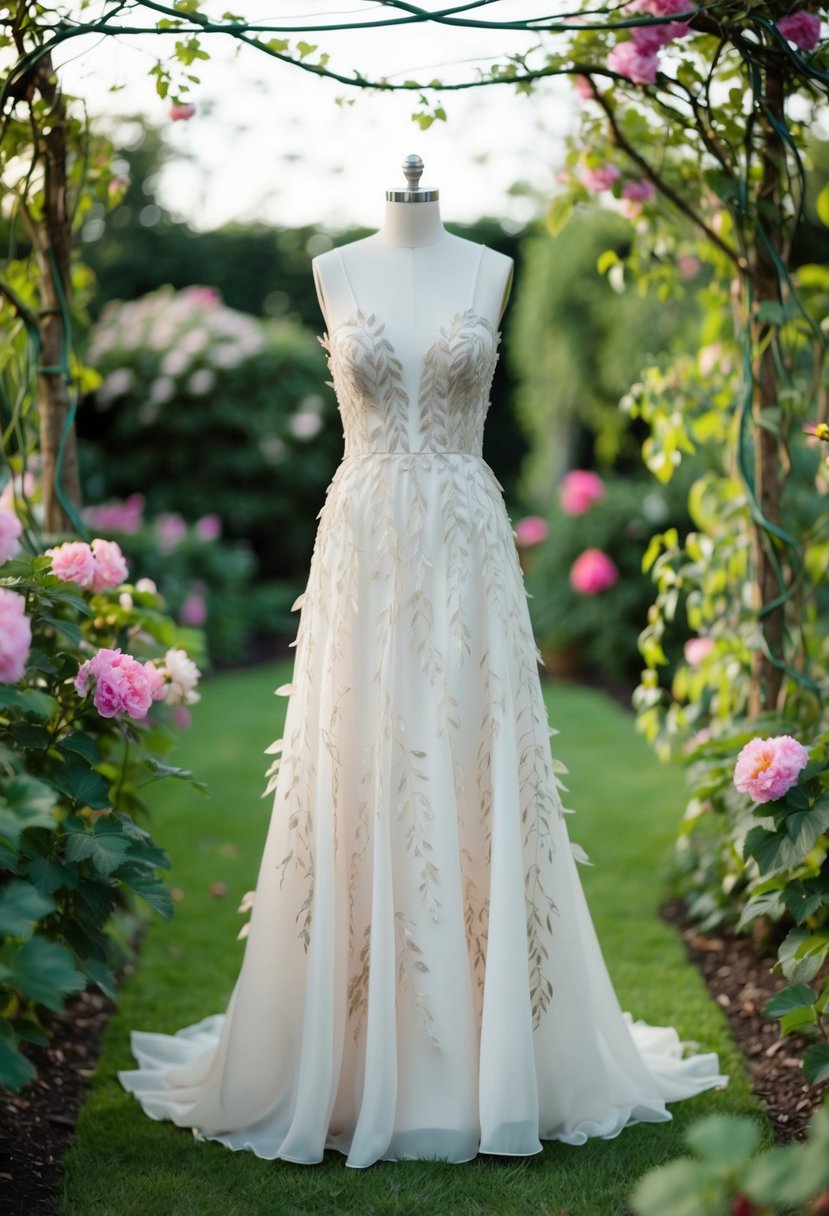 A flowing gown adorned with delicate leaf patterns, surrounded by a lush garden with blooming flowers and winding vines