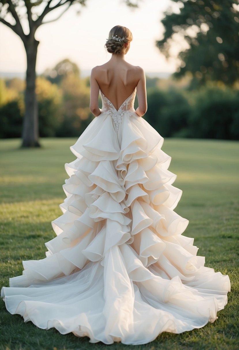 A whimsical gown with cascading ruffles flowing down like a waterfall, creating an ethereal and enchanting wedding dress idea