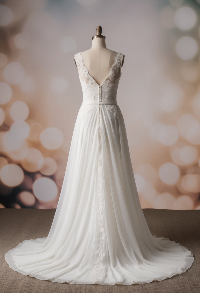 A flowing, floor-length gown with delicate lace detailing and a subtle train, set against a backdrop of soft, romantic lighting