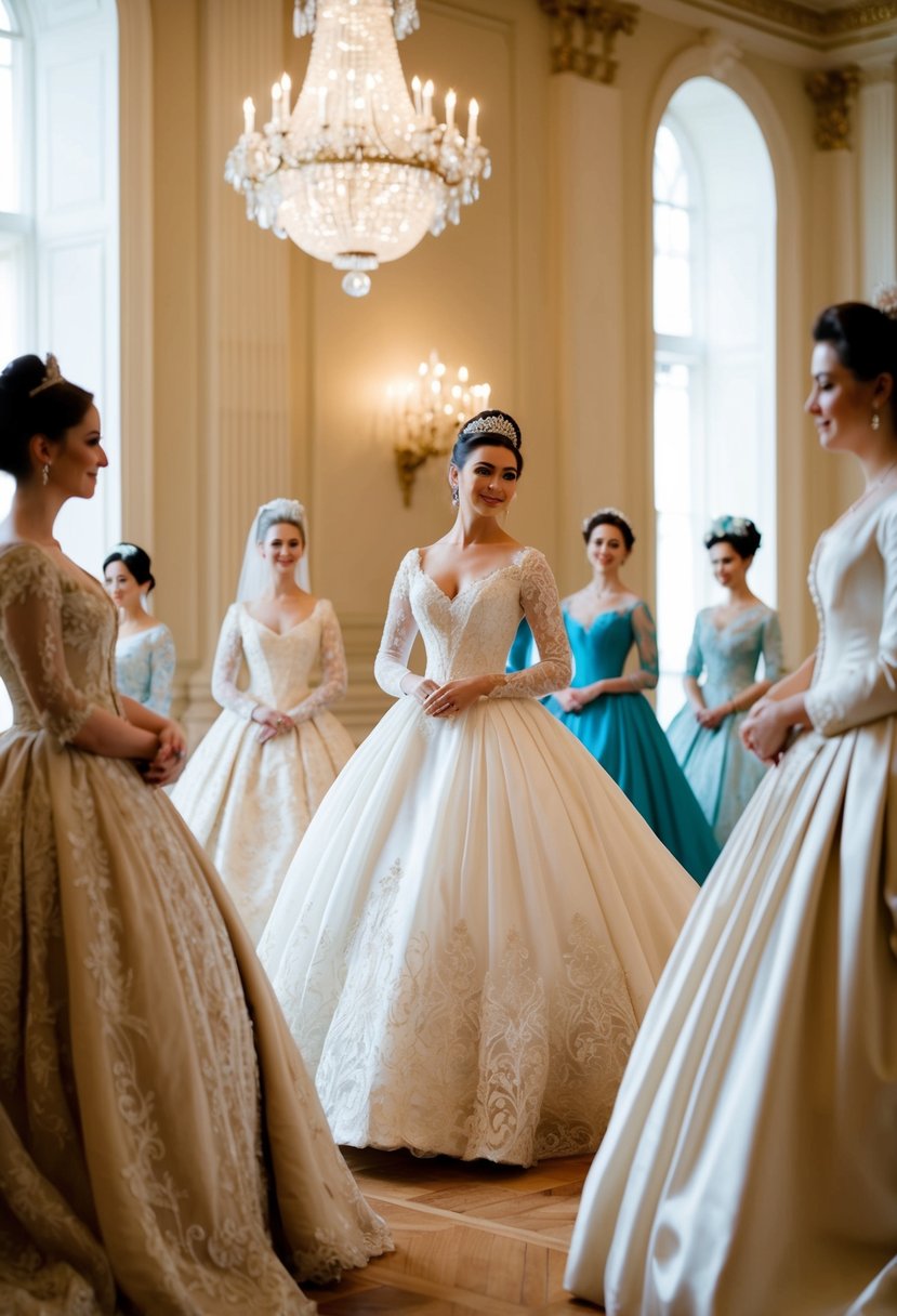 An elegant ballroom with women in elaborate 1800s gowns, showcasing various wedding dress ideas