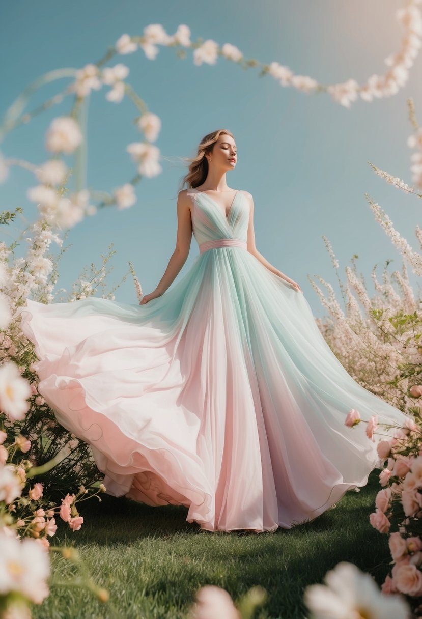 A flowing, pastel-colored gown billows in a gentle breeze, surrounded by blooming flowers and delicate, swirling patterns